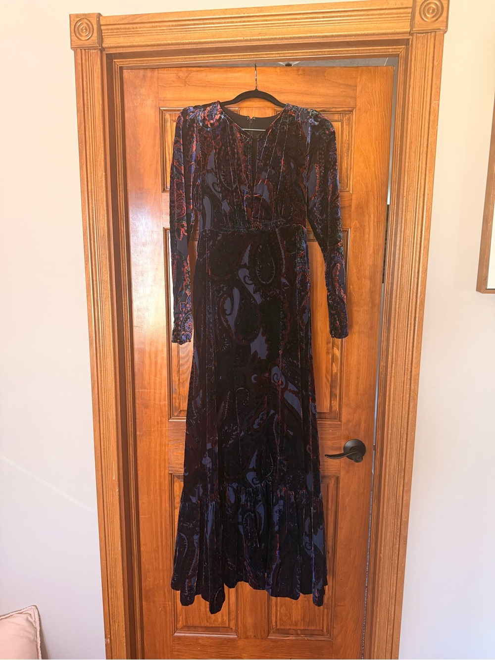 Anthropologie Velvet Long Sleeve Paisley Maxi Dress in Navy and Plum